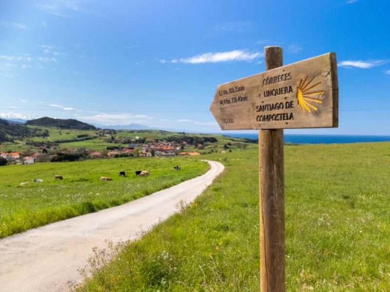 Wooden milestone indicating kilometers to Unquera and Cobreces during the route of the Camino de Santiago. no people